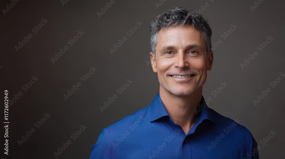 Obraz premium Smiling Man in Blue Shirt Against Neutral Background