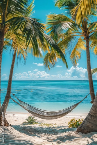 Relaxing hammock between two palm trees on a beautiful tropical beach with white sand and crystal clear water. The perfect place to relax and enjoy the view.