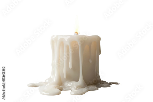 A white candle with melted wax, featuring a flickering flame at the top, showcasing its soft, dripping texture.