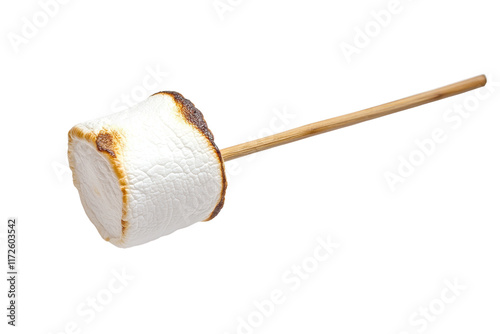 A roasted marshmallow on a wooden stick, showcasing a golden-brown exterior and a fluffy white interior.