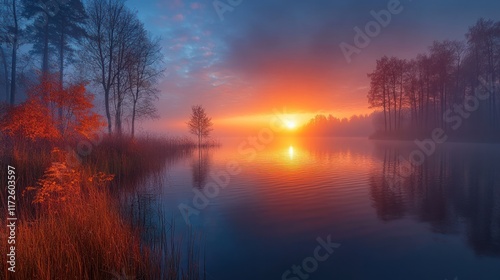 Misty sunrise over autumnal lake, tranquil scene.