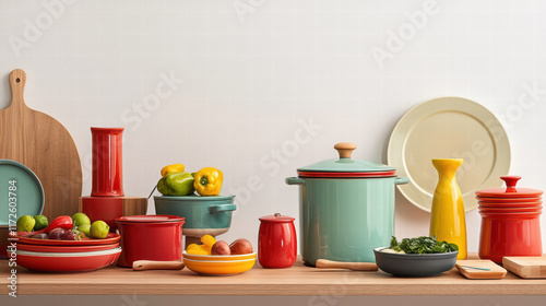 vibrant kitchen scene showcasing colorful cookware and fresh produce, featuring red, green, and yellow pots, plates, and bowls arranged neatly on wooden countertop
