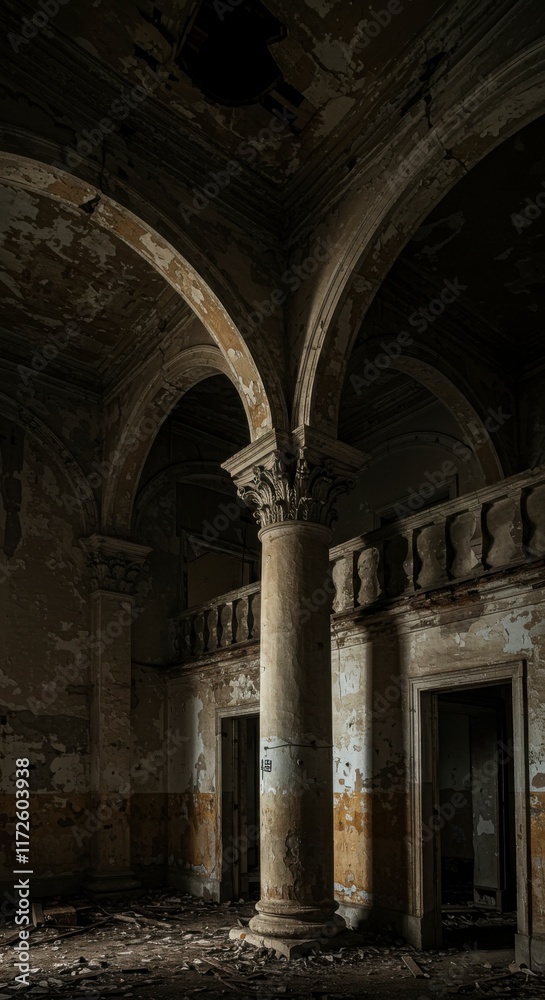 Interior of Old Abandoned Building with Arches and Columns Interior of Old Abandoned Building with Arches and Columns