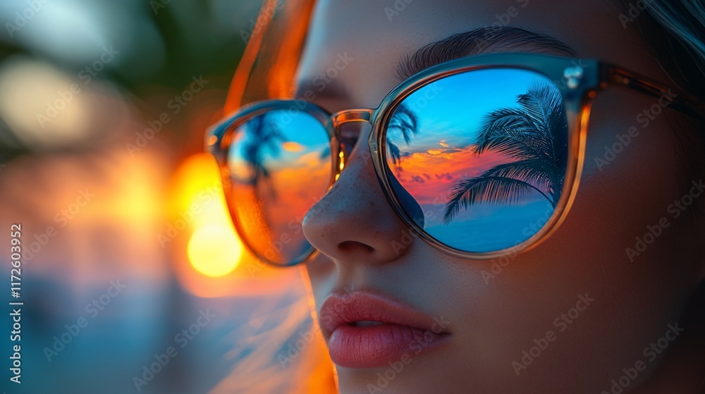 Sunset Reflection in Sunglasses: A Tropical Paradise Glimpse Sunset Reflection in Sunglasses: A Tropical Paradise Glimpse