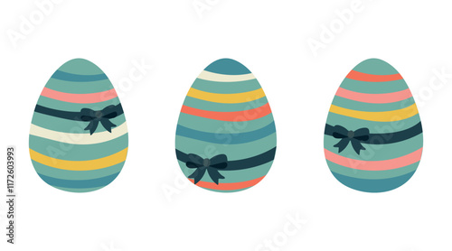 Easter egg, painted with stripes with a bow. Vector set of Easter eggs in a flat style on a white background.