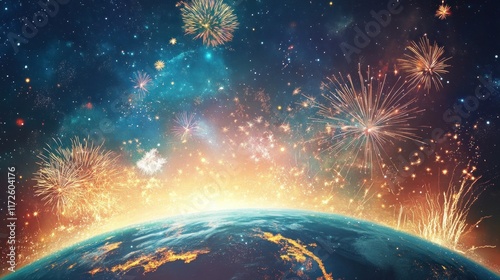 Fototapeta Naklejka Na Ścianę i Meble -  Fireworks explode over a planet Earth.