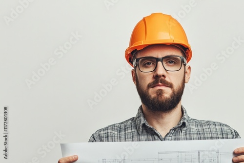 Construction professional with orange helmet and glasses, holdin photo