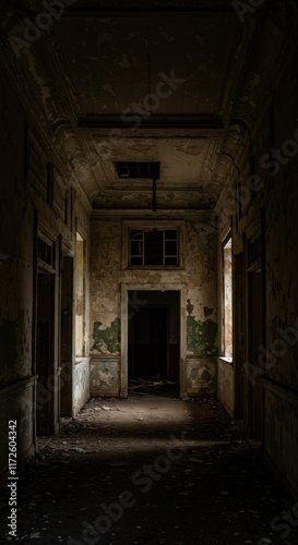 Wallpaper Mural Dark Abandoned Hallway Interior with Peeling Paint and Doorways Torontodigital.ca