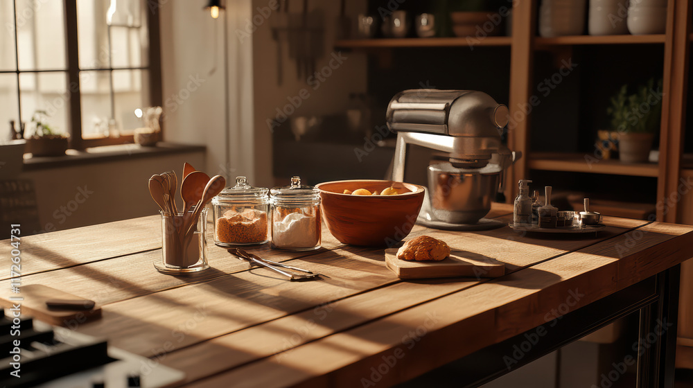 wooden kitchen table showcasing modern baking setup with utensils, jars, and mixer. warm sunlight creates cozy atmosphere, perfect for baking
