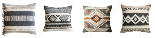 Assortment of decorative throw pillows and cushion covers featuring a variety of vibrant tribal ethnic and geometric patterns in modern minimalist and bohemian styles photo