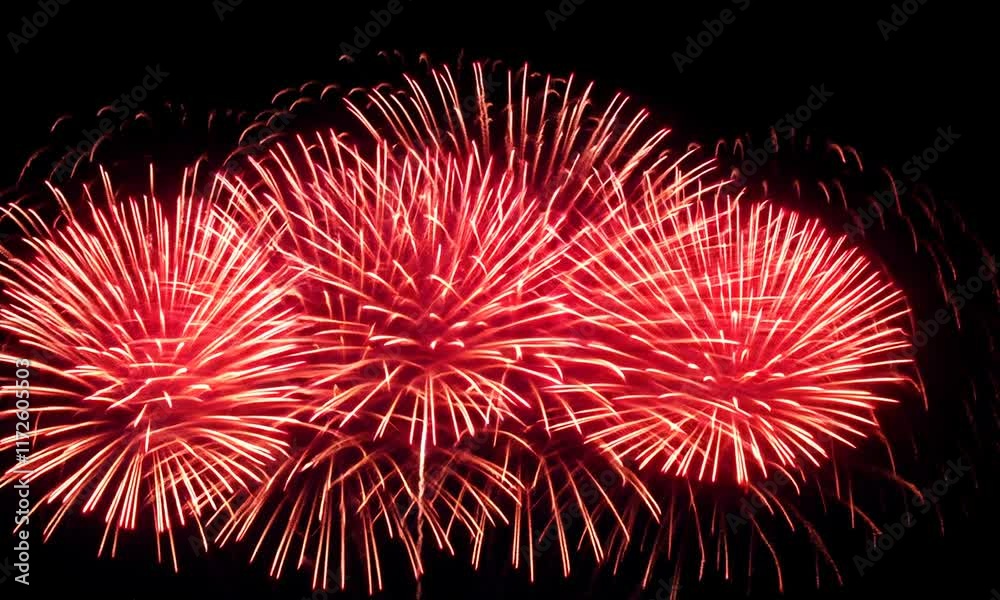 A vibrant display of red fireworks bursting against a black sky.