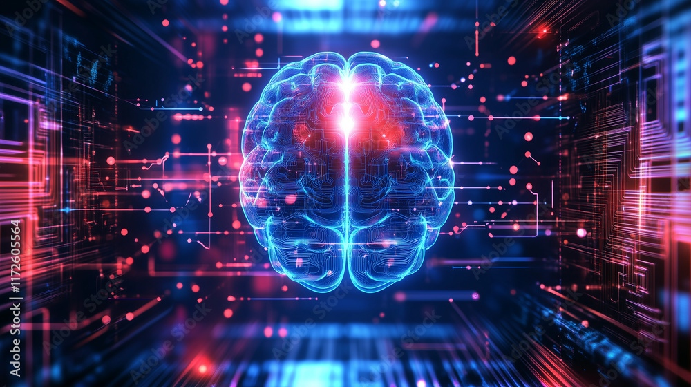 Glowing digital brain with neural connections set in a futuristic cyber environment filled with data streams Glowing digital brain with neural connections set in a futuristic cyber environment filled with data streams
