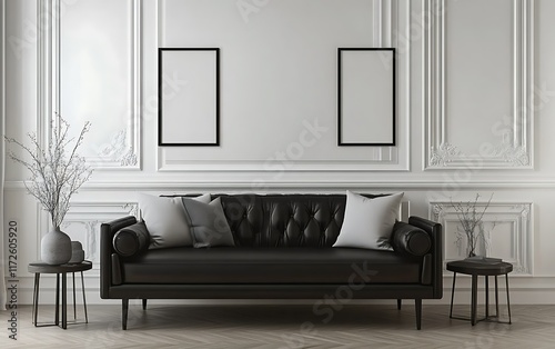 Elegant black leather sofa in classic room interior.  Home decor mock-up. photo