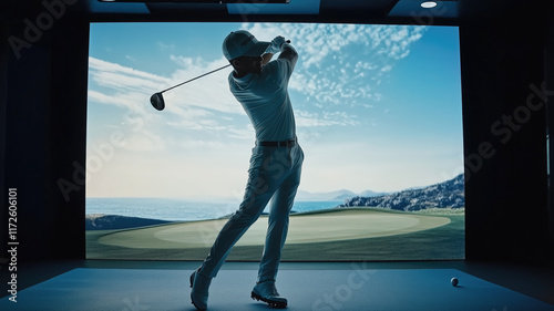 professional male golfer playing golf indoors in a golf simulator with a training field screen


