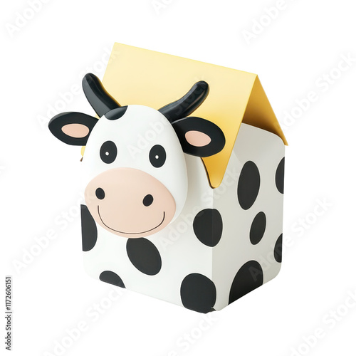 A playful cow-shaped box with a cheerful face and distinct black spots, topped with a yellow roof. photo