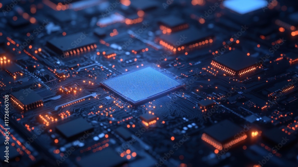Close-up of a computer processor chip with glowing circuits. This image represents technology and innovation.
Close-up of a computer processor chip with glowing circuits. This image represents technology and innovation.