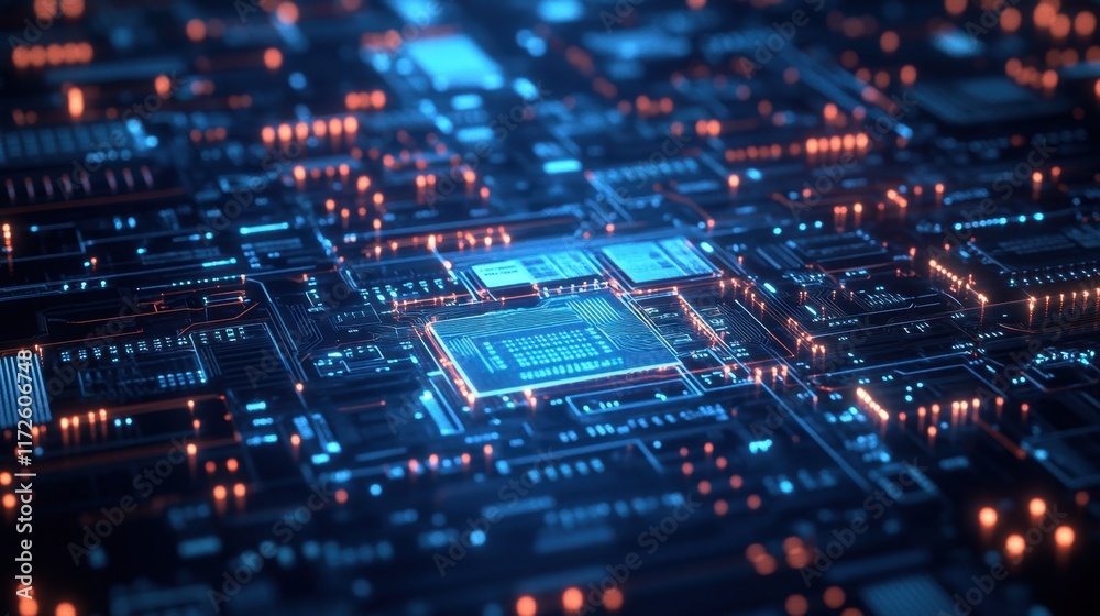 Close-up of a computer processor chip with glowing circuits. This image represents technology and innovation.
Close-up of a computer processor chip with glowing circuits. This image represents technology and innovation.