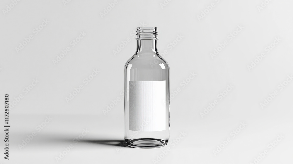 A mockup of a clear glass bottle with a blank label stands ready for custom beverage branding or label designs, providing a versatile canvas for showcasing unique creations.