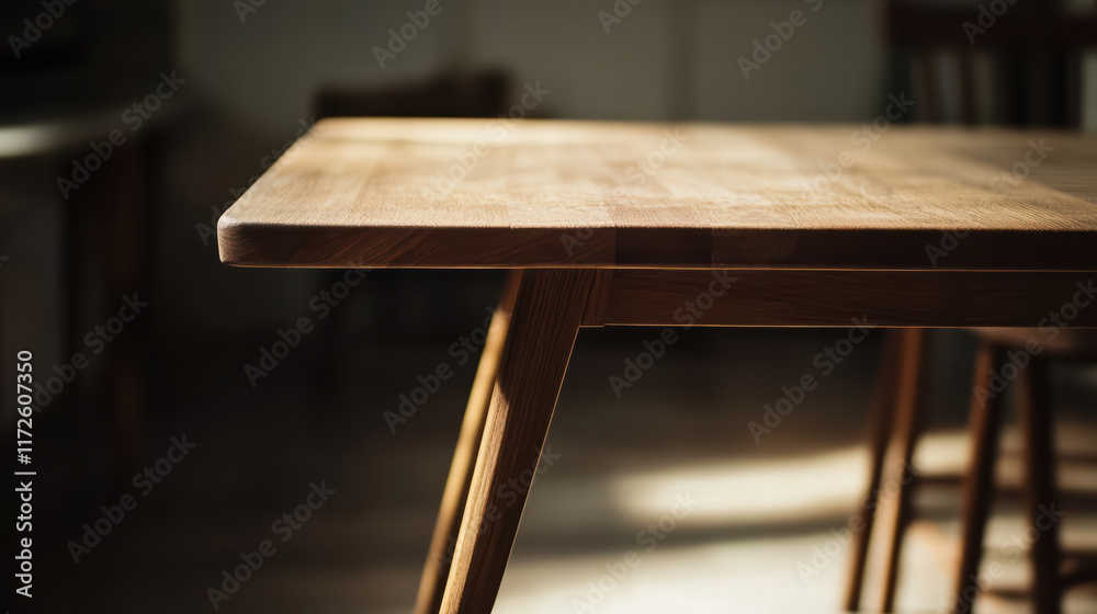 Minimalist wooden table with smooth surface in softly blurred kitchen, creating warm and inviting atmosphere. Perfect for dining or workspace Minimalist wooden table with smooth surface in softly blurred kitchen, creating warm and inviting atmosphere. Perfect for dining or workspace