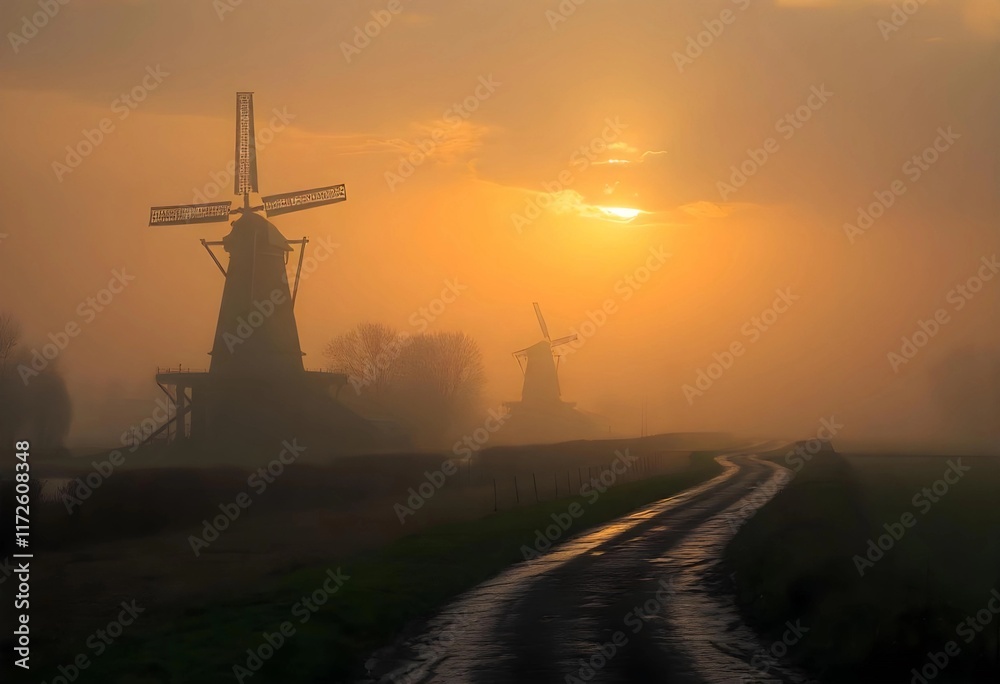 Obraz premium Mystical Dawn Breaks Over Windmills in a Foggy Landscape by a Winding Road