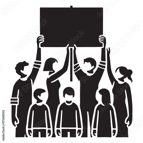 Diverse community rallying for change with protest sign silhouette illustration