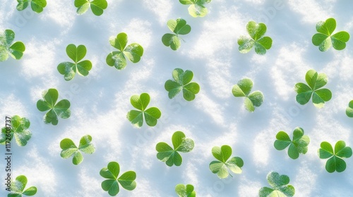 Four Clover with snow in winter season, Lucky clover leaves with four leaf,Clover flowers background,Patricks day,Spring flower pattern,St. Patrick s day seamless pattern,copy space.