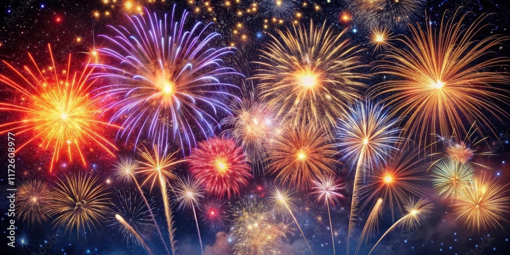 Fireworks exploding in the sky with sparks flying in all directions amidst a dark background Fireworks exploding in the sky with sparks flying in all directions amidst a dark background