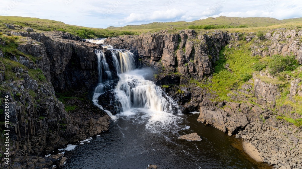 A scenic waterfall cascading into a serene river in a lush landscape. A scenic waterfall cascading into a serene river in a lush landscape.