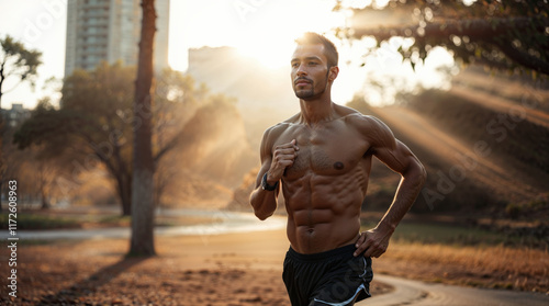 Shirtless male athlete jogging through a park, basking in the warm glow of golden hour sunlight, embodying fitness and vitality