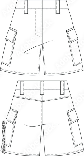 with pockets mid rise mid waist mini short safari short template technical drawing flat sketch cad mockup fashion woman design style model 
