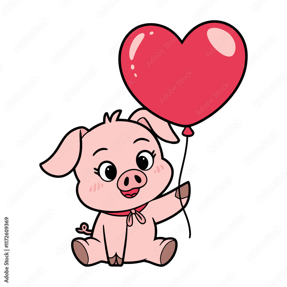 Cute Piglet with Heart Balloon Illustration Cute Piglet with Heart Balloon Illustration