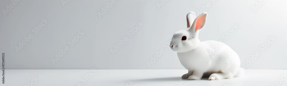Adorable white rabbit in a white room. Happy Easter holiday. Copy space for text banner Adorable white rabbit in a white room. Happy Easter holiday. Copy space for text banner