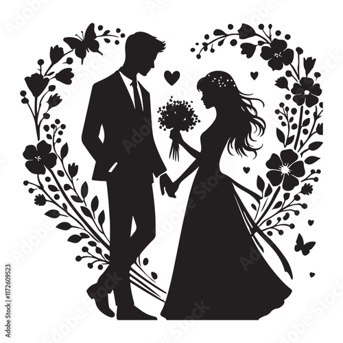 Silhouette Wedding Couple in Floral Heart Frame