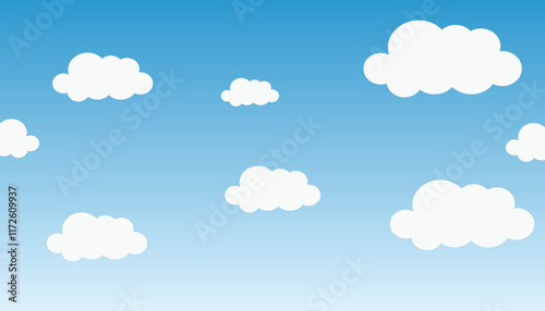 Sky with Clouds illustration in flat style. Sky and clouds background. Cloudy vector cartoon illustration in blue color.