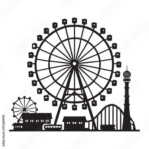 Detailed Silhouette Illustration of Amusement Park
