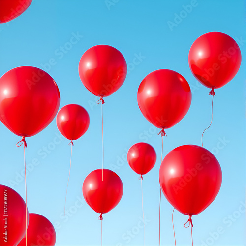 REPRINTS - red foil balloons on blue sky - 3D rendered royalty free stock picture. This image can be used for an online website banner ad or a print postcard. photo