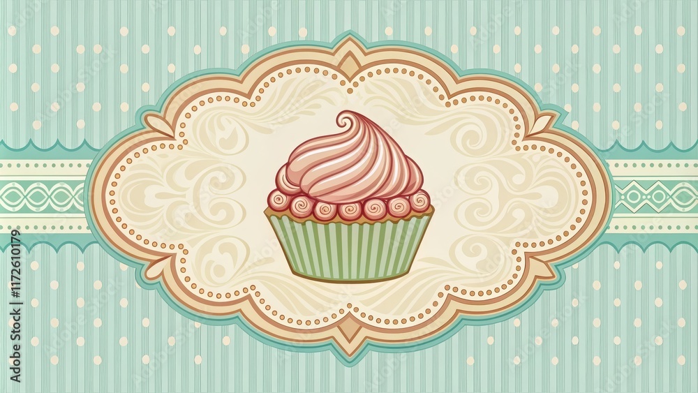 Retro-style cupcake bakery label with pastel colors and ornate details Retro-style cupcake bakery label with pastel colors and ornate details