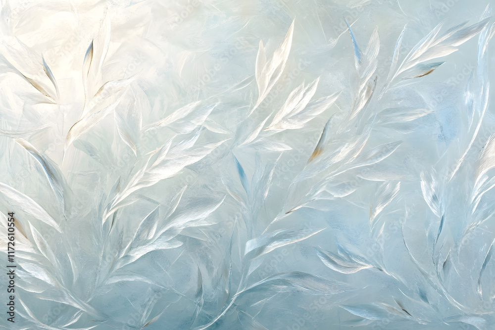 Abstract frost designs on glass with feathery patterns and crystalline shapes in winter hues Abstract frost designs on glass with feathery patterns and crystalline shapes in winter hues