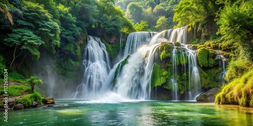 Waterfall into foamy river with lush greenery and water spray, foam, riverside,  foam, riverside, natural scenery