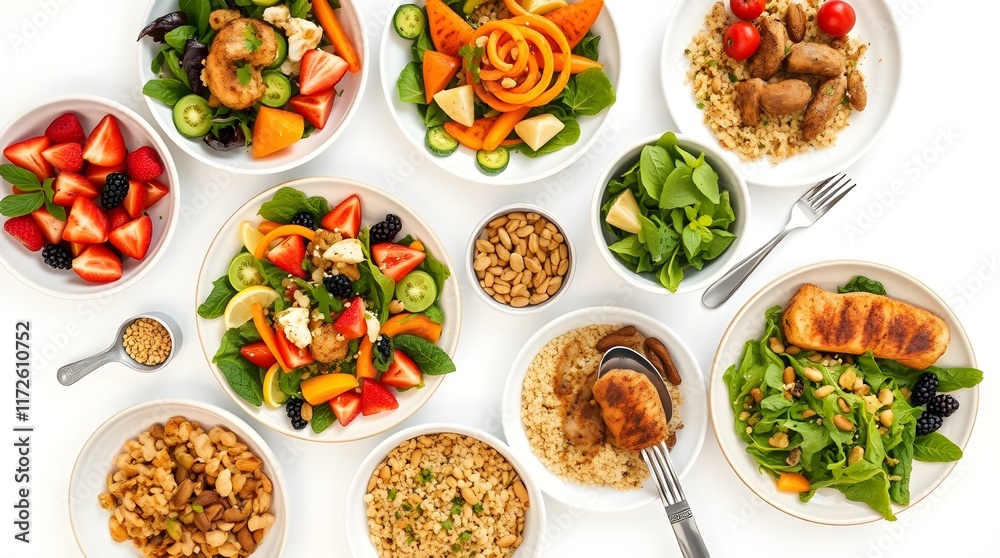 Assortment of Healthy Food Dishes - Top View with Text Space, background Assortment of Healthy Food Dishes - Top View with Text Space, background