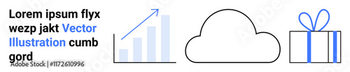 Bar graph with upward arrow, cloud, and outlined gift box with blue bow. Ideal for business growth, data analysis, cloud computing, technology, gifting holiday promotions success. Landing page