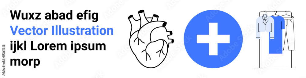 Stylized heart icon, medical plus symbol, and clothing on a rack with text. Ideal for healthcare, fashion, medical education, health awareness, clothing brands digital art social media. Landing Stylized heart icon, medical plus symbol, and clothing on a rack with text. Ideal for healthcare, fashion, medical education, health awareness, clothing brands digital art social media. Landing
