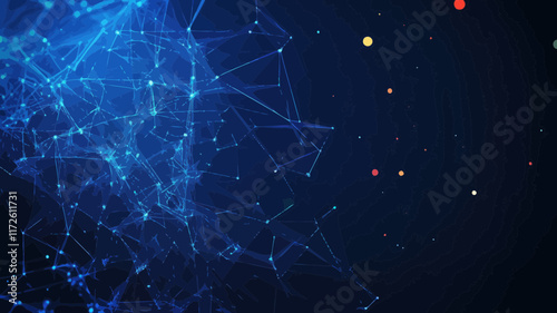 Abstract Polygonal Network Mesh with Glowing Particles and Plexus Effect in Dark Blue - Artificial Intelligence and Connectivity Digital Vector Illustration
