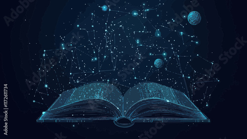 Stellar Knowledge: Abstract Open Book as Starry Sky with Planets and Stars, Vector Minimalist SVG Art Depicting Universe and Constellations, Ideal for Educational and Cosmic-Themed Projects