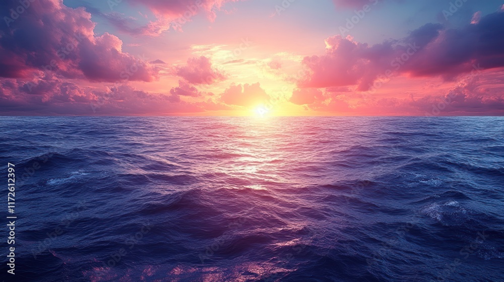 Obraz premium Ocean sunset, tranquil waters, colorful sky, peaceful scene, travel imagery.