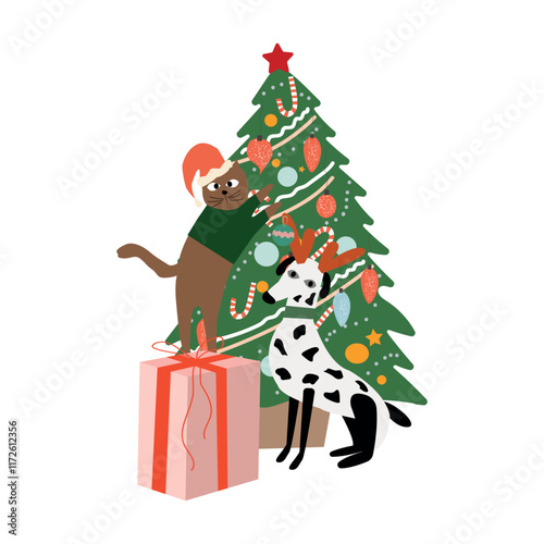 Funny cute cat and dog with christmas tree. Vector illustration.