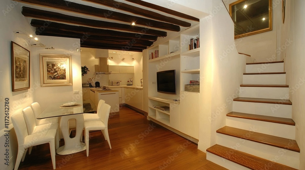 Bright, modern apartment with exposed beams, glass dining table, and wooden staircase. Bright, modern apartment with exposed beams, glass dining table, and wooden staircase.