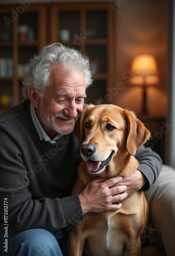 Elderly man enjoying a heartfelt moment with his loyal dog in a cozy indoor setting