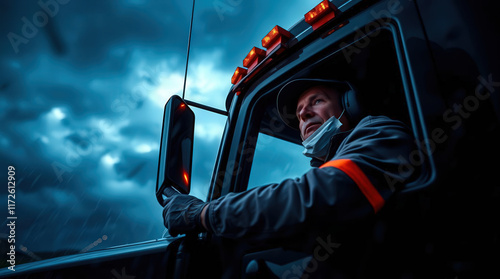 Caucasian truck driver wearing protective face mask adjusting rearview mirror while driving his truck during stormy night