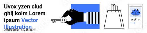 Hand holding key, shopping bag, and phone displaying a music app with a flower image. Ideal for e-commerce, digital marketing, online shopping, music streaming, promotional material, app design